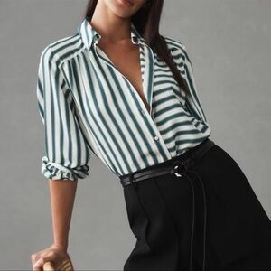 MAEVE BY ANTHROPOLOGIE Striped Shirt Women's Size Small Green Silky